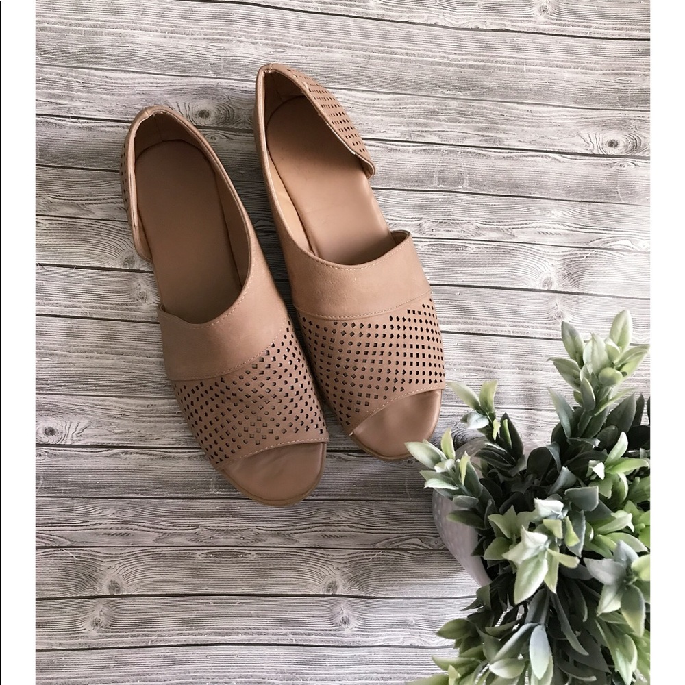 Perforated d'orsay peep toe tan flats